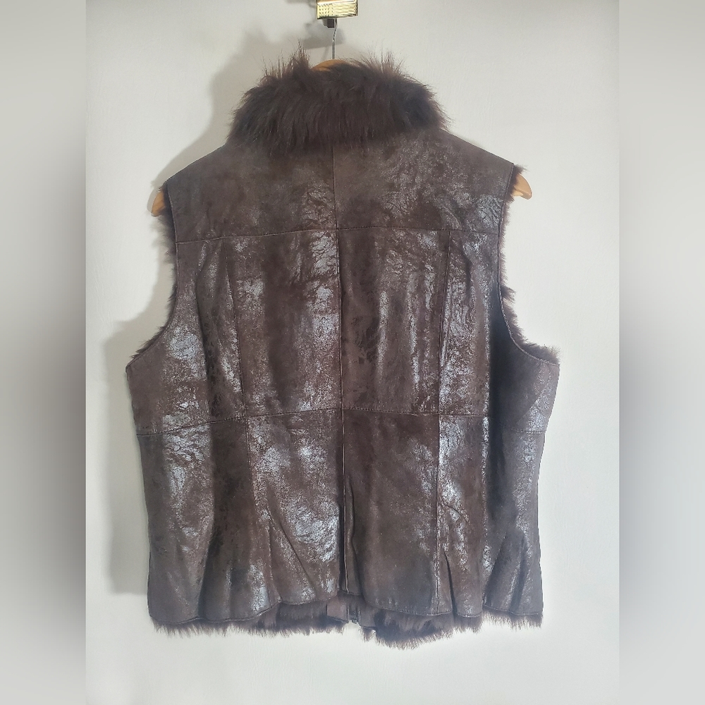 Vintage Women's Vest Brown Suede Leather/Faux Fur XL - Picture 5 of 9